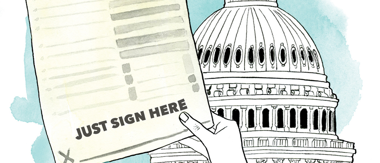 A hand holding a paper that reads: "Tax Return: Just Sign Here" with the US capitol in the backround.